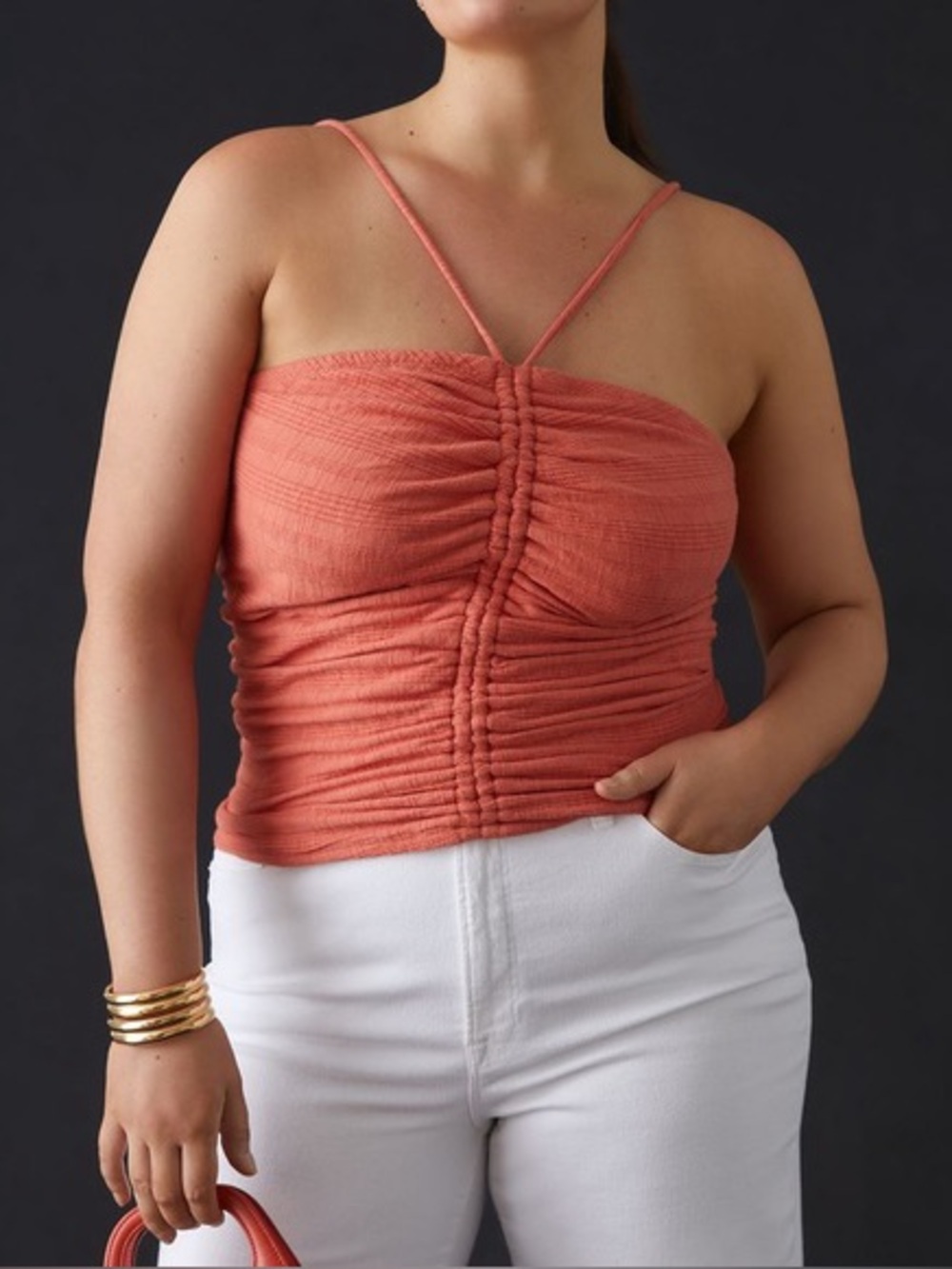 Anthropologie Pilcro Ruched Halter Tank Top Coral Strappy Boho Size M